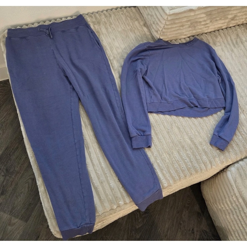 Double Zero Blue Ribbed Loungewear Set Size M Cropped Top Sweatpants Joggers 2Pc